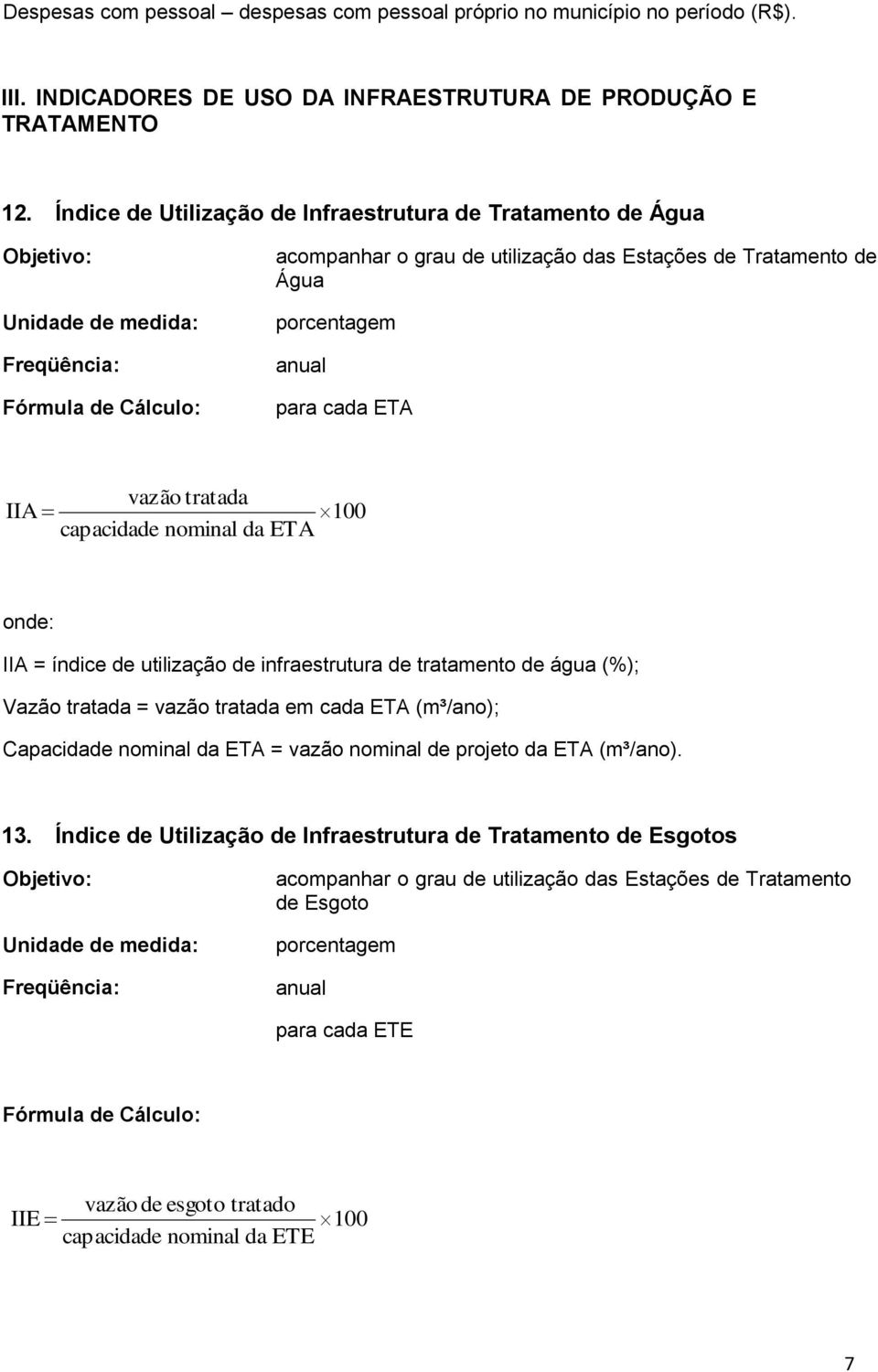 da ETA IIA = índice de utilização de infraestrutura de tratamento de água (%); Vazão tratada = vazão tratada em cada ETA (m³/ano); Capacidade nominal da ETA = vazão nominal de projeto da