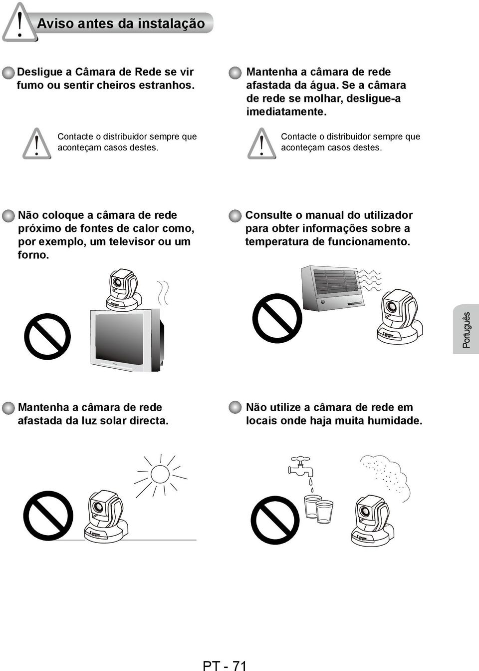 Não coloque a câmara de rede próximo de fontes de calor como, por exemplo, um televisor ou um forno.