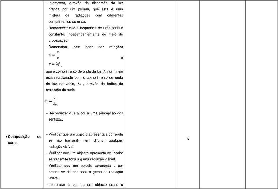 Demonstrar, com base nas relações e, que o comprimento de onda da luz, λ, num meio está relacionado com o comprimento de onda da luz no vazio, λ0, através do índice de refracção do meio.