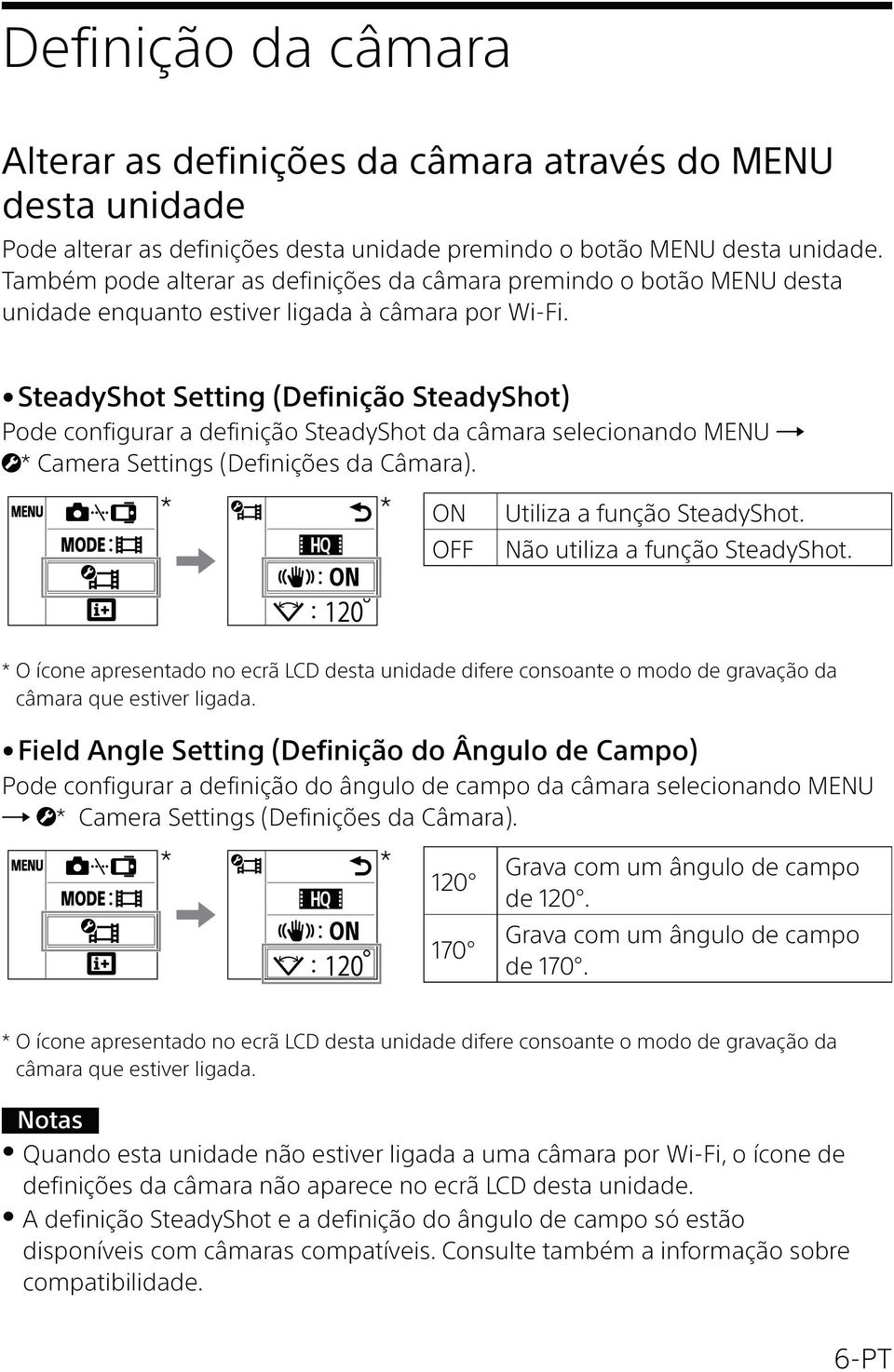 SteadyShot Setting (Definição SteadyShot) Pode configurar a definição SteadyShot da câmara selecionando MENU * Camera Settings (Definições da Câmara). ON OFF Utiliza a função SteadyShot.