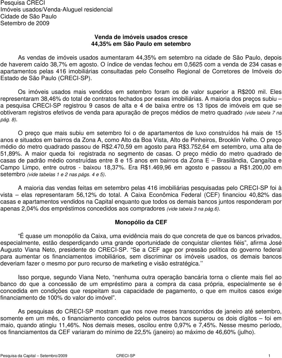 O índice de vendas fechou em 0,5625 com a venda de 234 casas e apartamentos pelas 416 imobiliárias consultadas pelo Conselho Regional de Corretores de Imóveis do Estado de São Paulo (CRECI-SP).