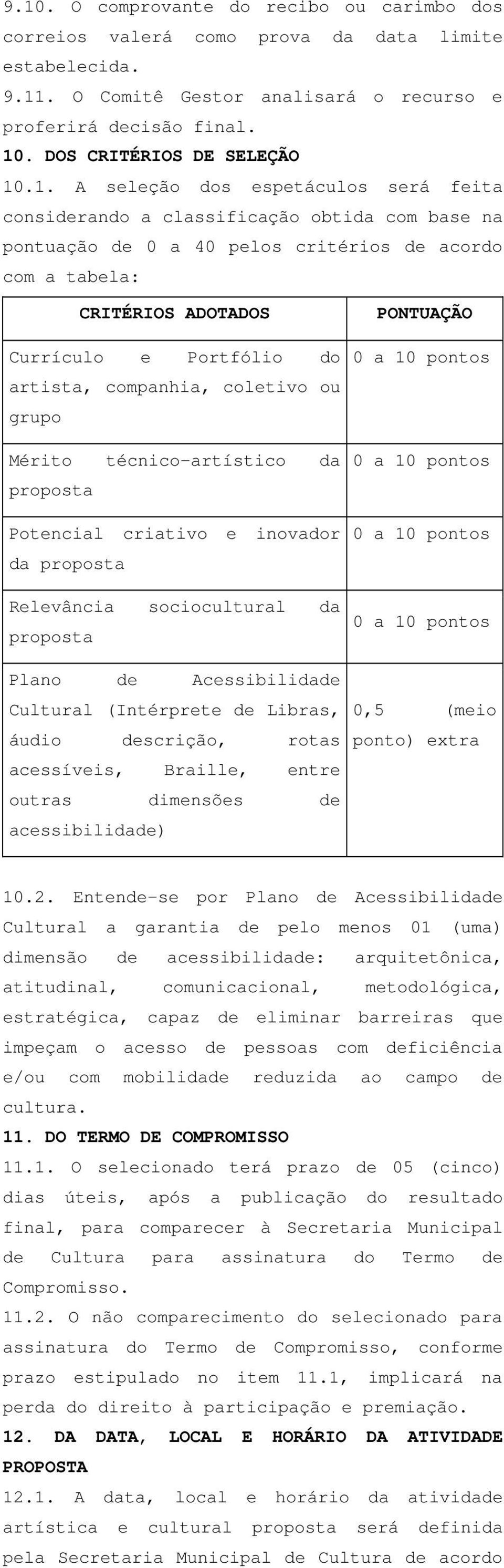 .1. A seleção dos espetáculos será feita considerando a classificação obtida com base na pontuação de 0 a 40 pelos critérios de acordo com a tabela: CRITÉRIOS ADOTADOS Currículo e Portfólio do