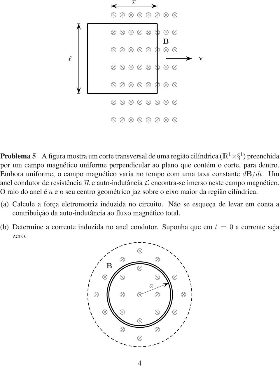 Um anel condutor de resistência R e auto-indutância L encontra-se imerso neste campo magnético.