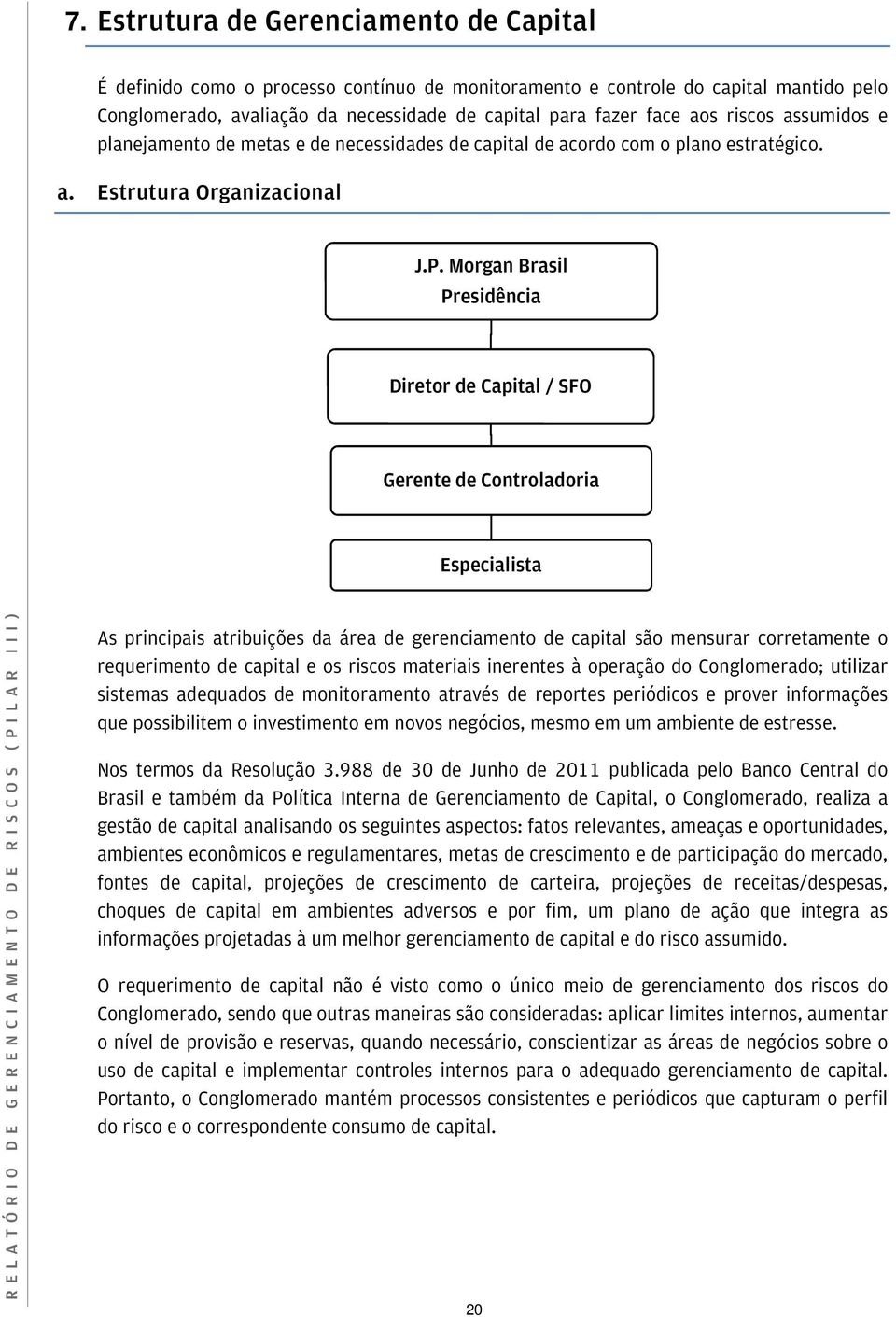 Morgan Brasil Presidência Diretor de Capital / SFO Gerente de Controladoria Especialista As principais atribuições da área de gerenciamento de capital são mensurar corretamente o requerimento de