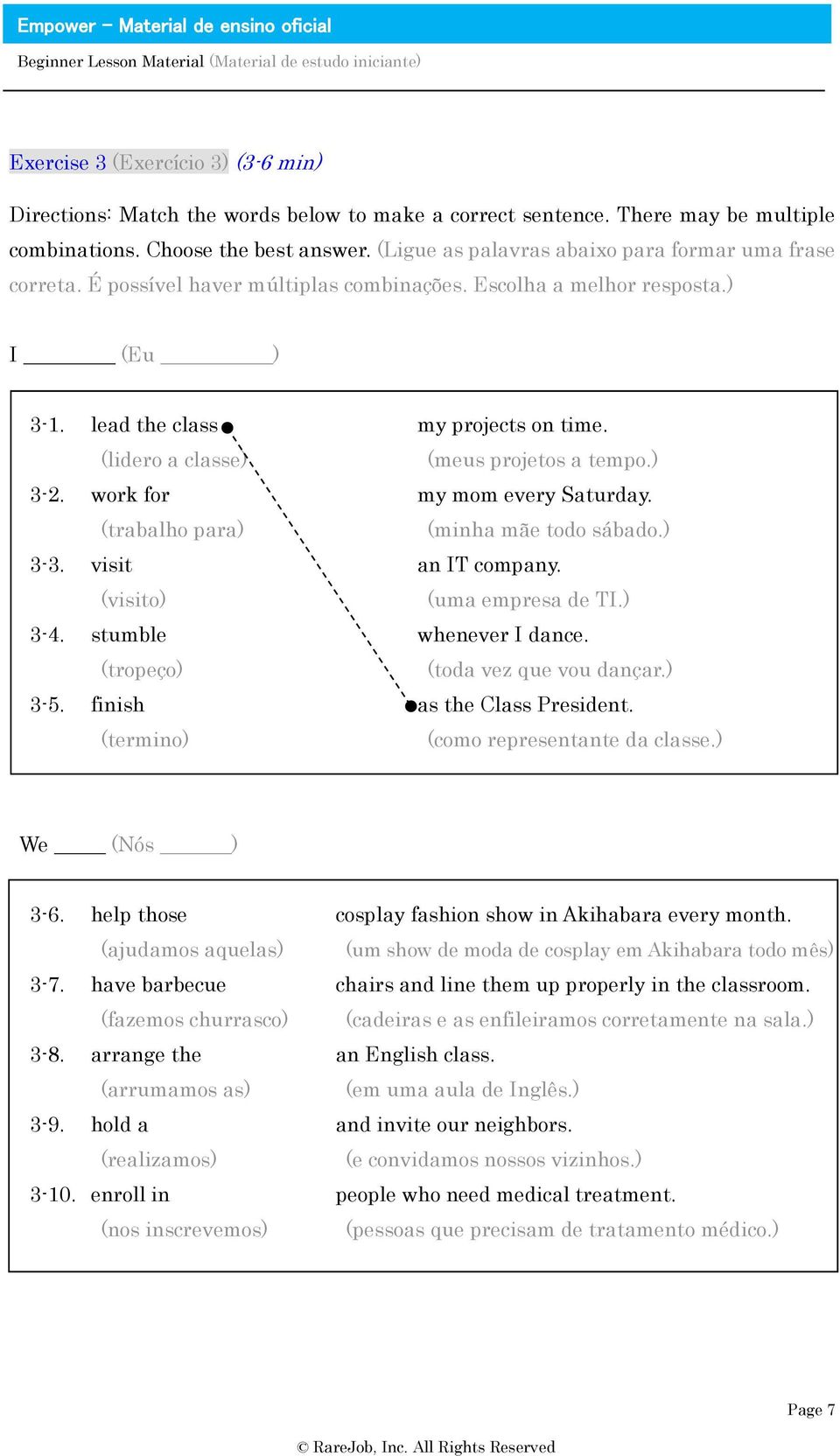 (lidero a classe) (meus projetos a tempo.) 3-2. work for my mom every Saturday. (trabalho para) (minha mãe todo sábado.) 3-3. visit an IT company. (visito) (uma empresa de TI.) 3-4.