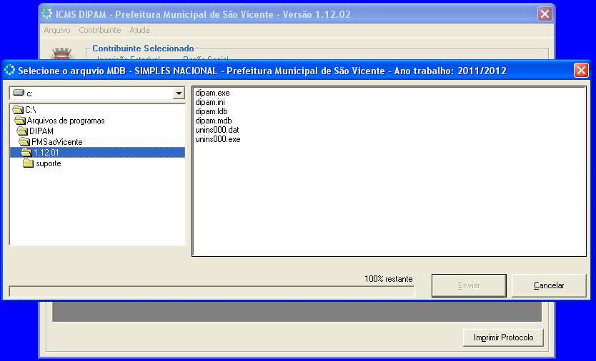 Abrirá nova janela, solicitando o arquivo a ser transmitido ao Sitio da Prefeitura Municipal.