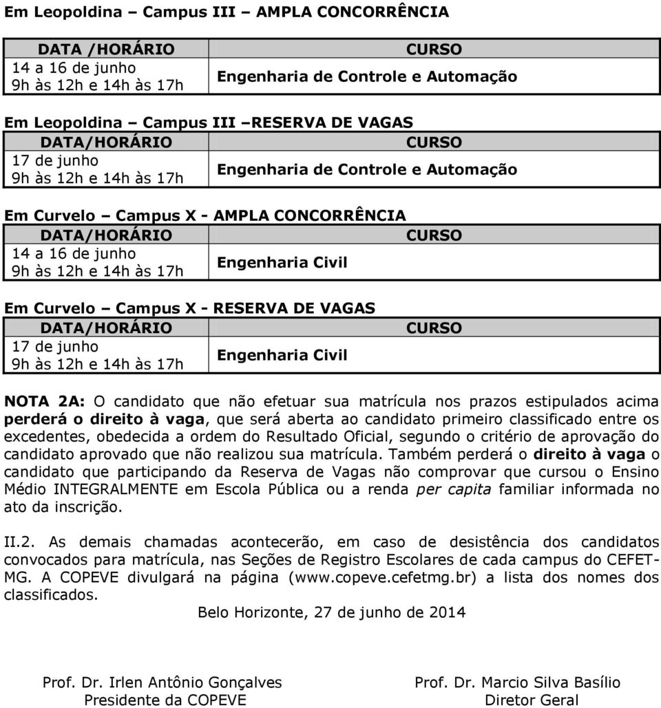 candidato que não efetuar sua matrícula nos prazos estipulados acima perderá o direito à vaga, que será aberta ao candidato primeiro classificado entre os excedentes, obedecida a ordem do Resultado