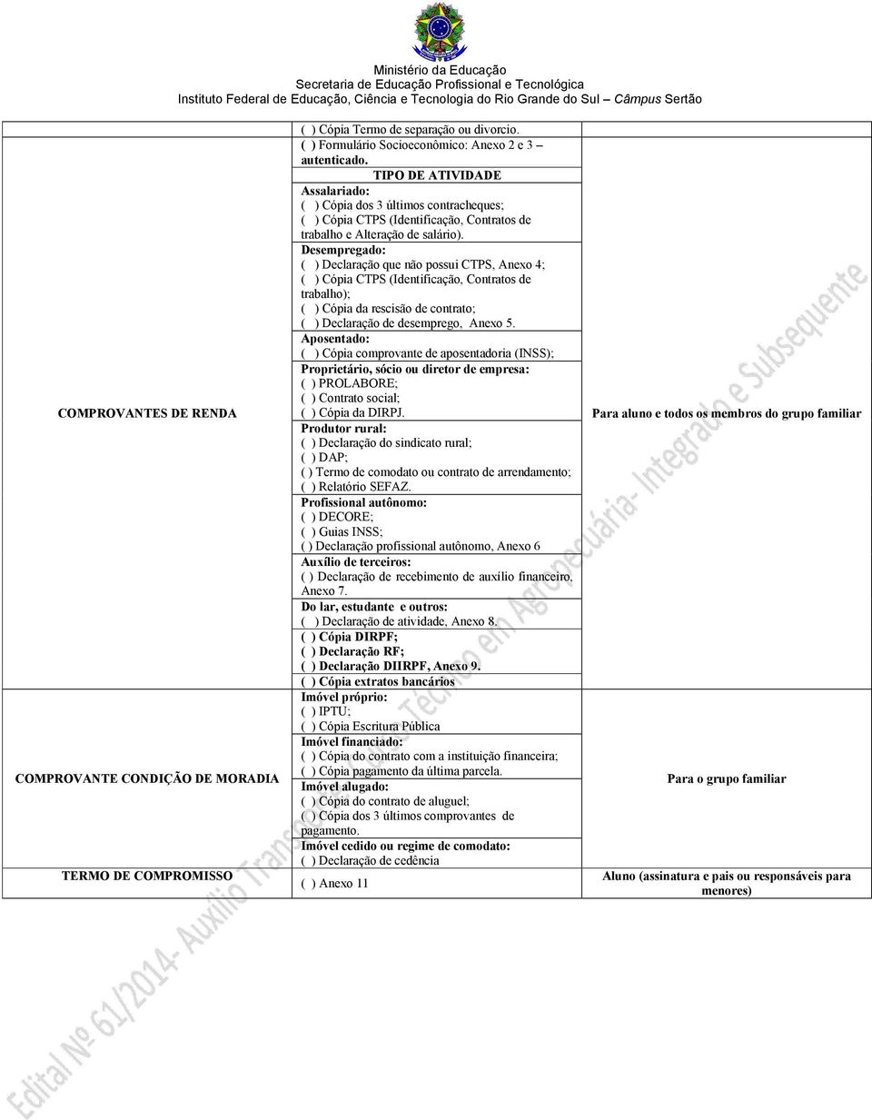 Desempregado: ( ) Declaração que não possui CTPS, Anexo 4; ( ) Cópia CTPS (Identificação, Contratos de trabalho); ( ) Cópia da rescisão de contrato; ( ) Declaração de desemprego, Anexo 5.