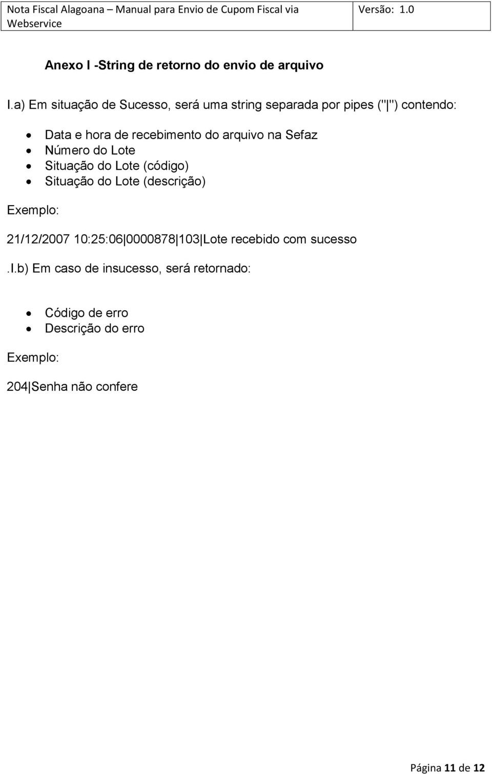 recebimento do arquivo na Sefaz Número do Lote Situação do Lote (código) Situação do Lote (descrição)