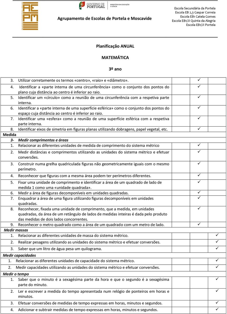 Identificar um «círculo» como a reunião de uma circunferência com a respetiva parte interna. 6.