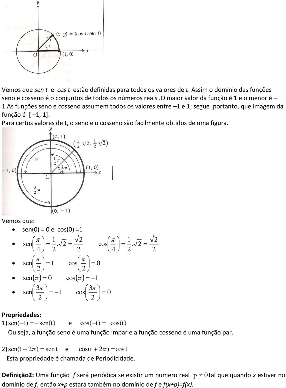 Vemos que: sen(0) = 0 e cos(0) = sen. cos. 4 4 sen cos 0 sen 0 cos sen cos 0 Propriedades: ) sen( t) sen( t) e cos( t) cos( t) Ou seja, a função seno é uma função ímpar e a função cosseno é uma função par.