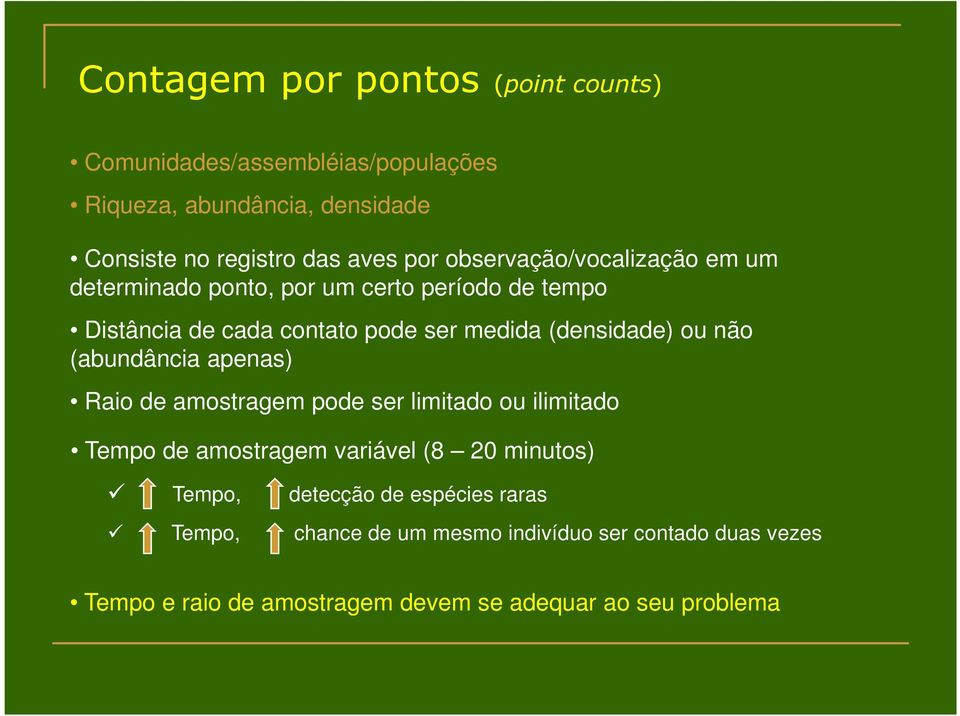 não (abundância apenas) Raio de amostragem pode ser limitado ou ilimitado Tempo de amostragem variável (8 20 minutos) Tempo, detecção