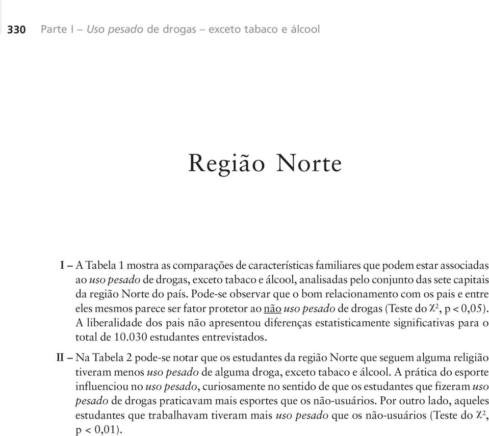 Pode-se observar que o bom relacionamento com os pais e entre eles mesmos parece ser fator protetor ao não uso pesado de drogas (Teste do, p < 0,05).