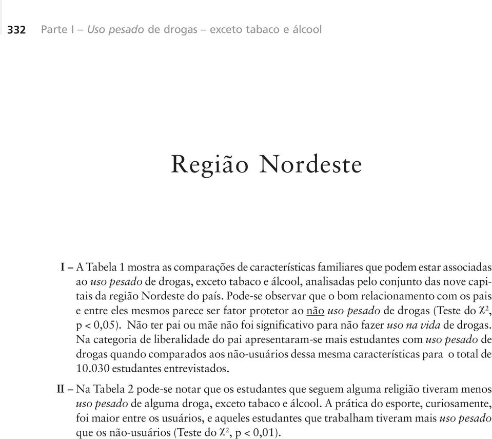 Pode-se observar que o bom relacionamento com os pais e entre eles mesmos parece ser fator protetor ao não uso pesado de drogas (Teste do, p < 0,05).