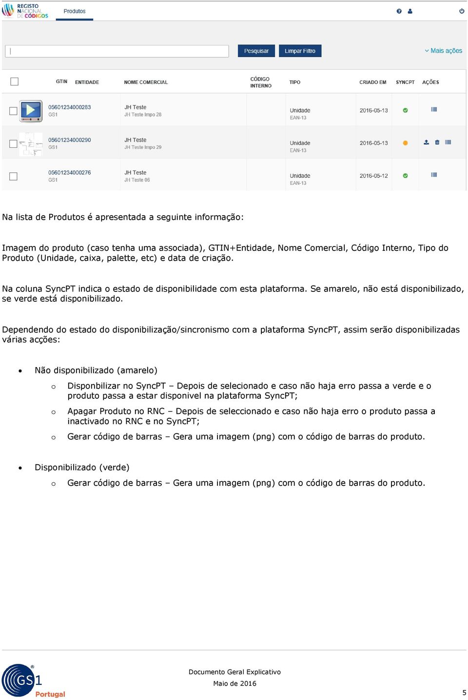 Dependendo do estado do disponibilização/sincronismo com a plataforma SyncPT, assim serão disponibilizadas várias acções: Não disponibilizado (amarelo) o o o Disponbilizar no SyncPT Depois de