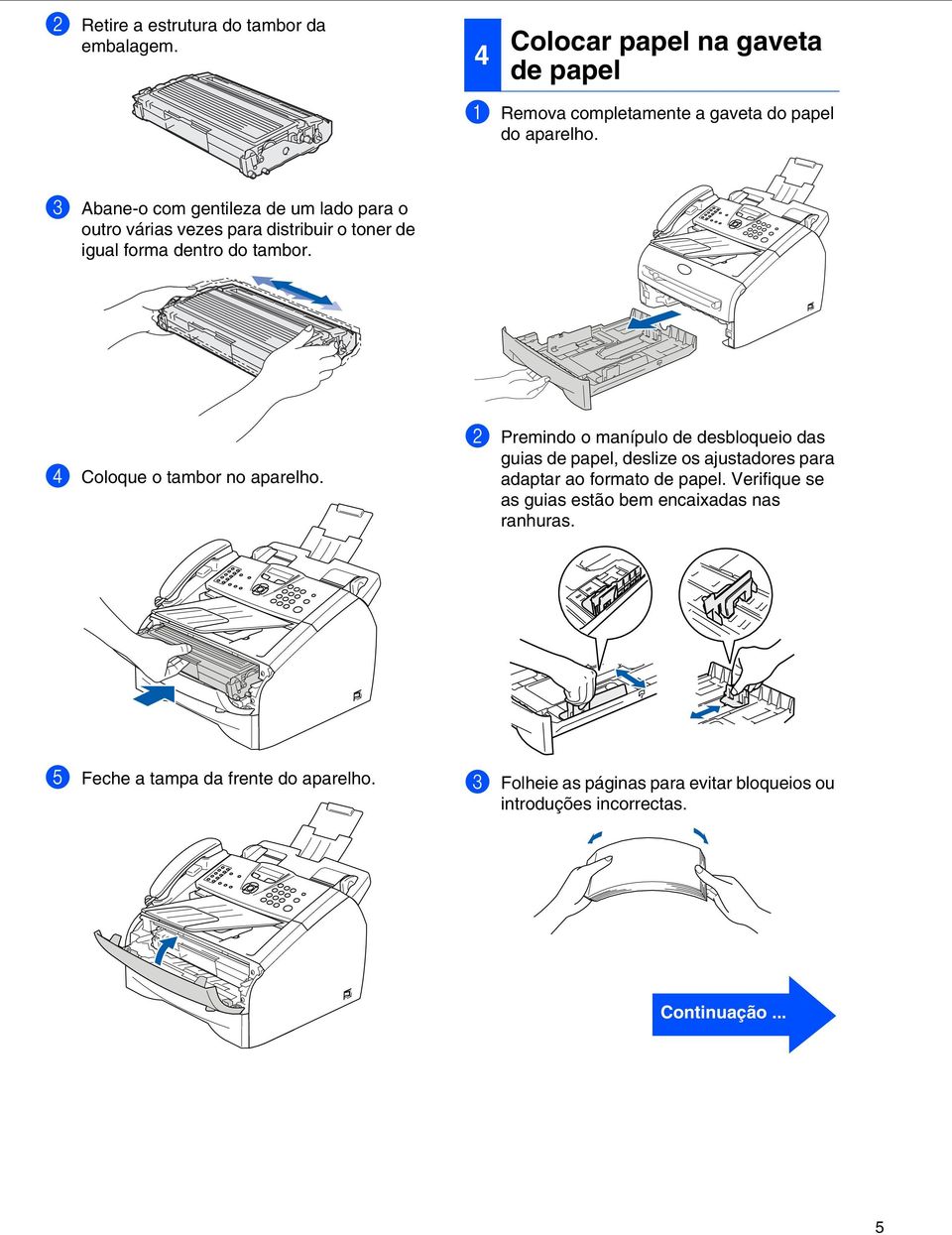 4 Coloque o tambor no aparelho. 2 Premindo o manípulo de desbloqueio das guias de papel, deslize os ajustadores para adaptar ao formato de papel.