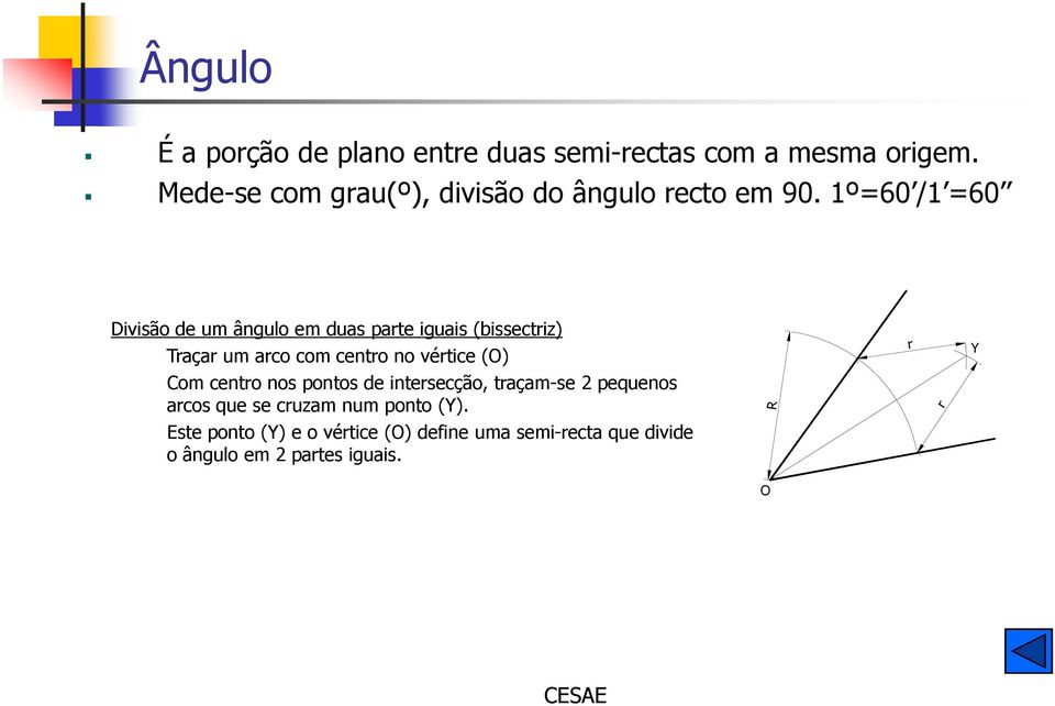 1º=60 /1 =60 Divisão de um ângulo em duas parte iguais (bissectriz) Traçar um arco com centro no vértice