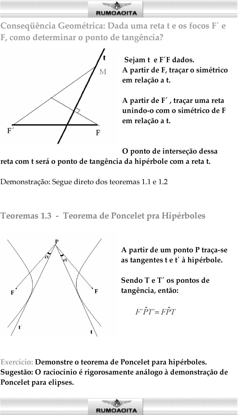 Demonstração: Segue direto dos teoremas 1.1 e 1.2 Teoremas 1.3 - Teorema de Poncelet pra Hipérboles A partir de um ponto P traça-se as tangentes t e t à hipérbole.