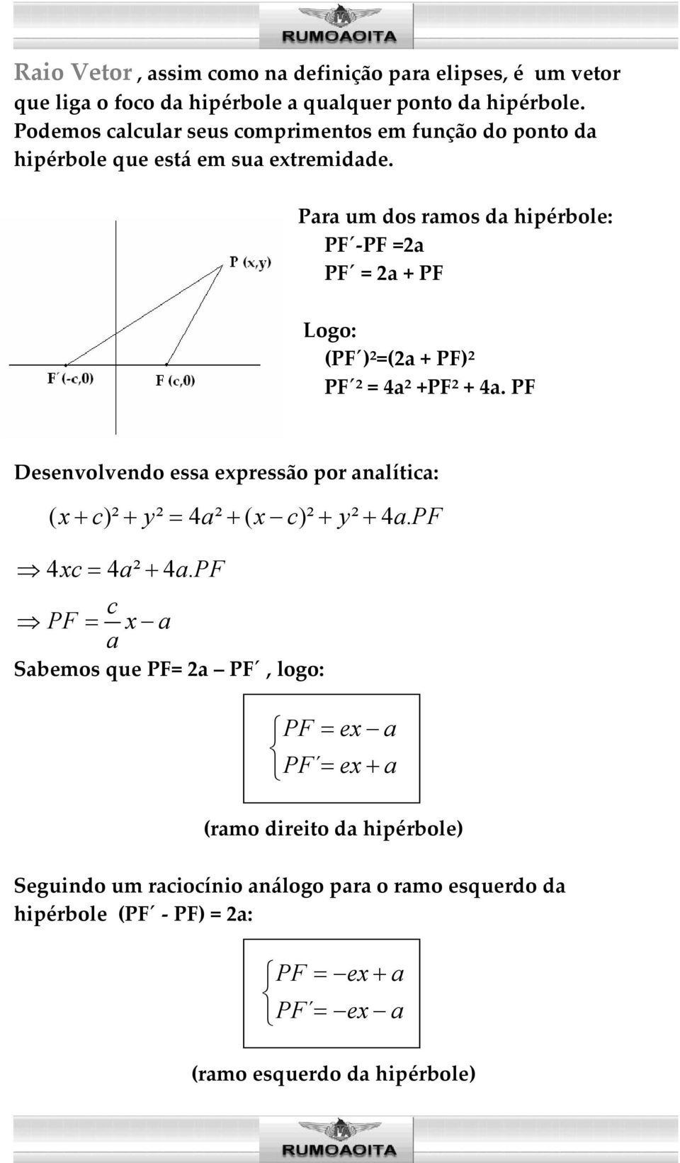 Para um dos ramos da hipérbole: PF -PF =2a PF = 2a + PF Logo: (PF )²=(2a + PF)² PF ² = 4a² +PF² + 4a.