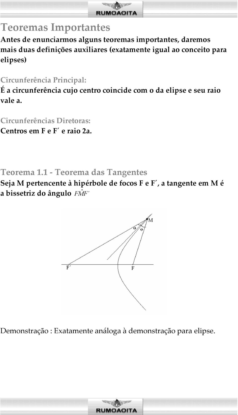 vale a. Circunferências Diretoras: Centros em F e F e raio 2a. Teorema 1.