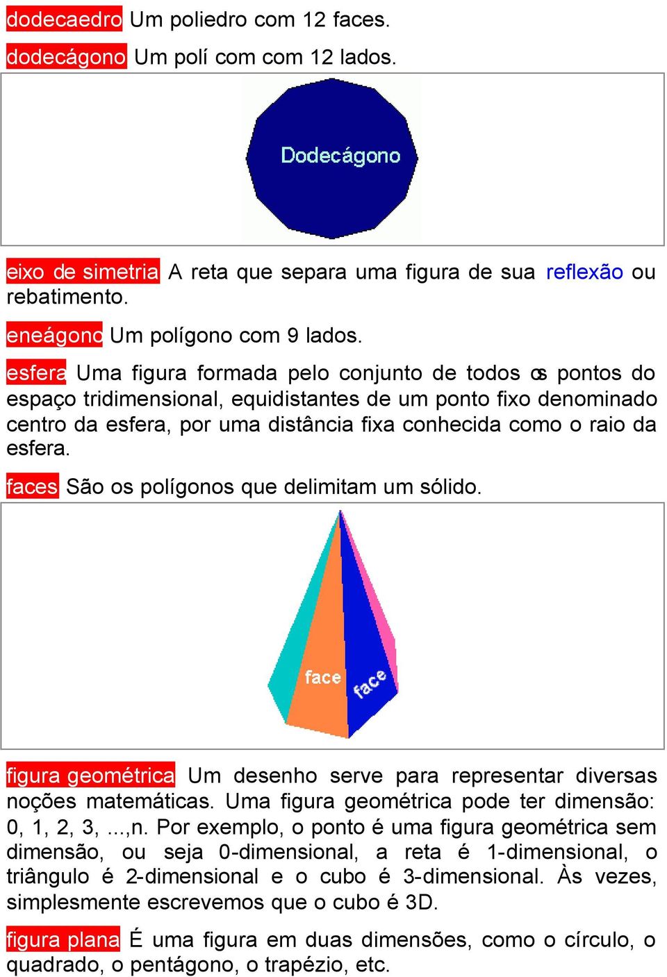 faces São os polígonos que delimitam um sólido. figura geométrica Um desenho serve para representar diversas noções matemáticas. Uma figura geométrica pode ter dimensão: 0, 1, 2, 3,...,n.