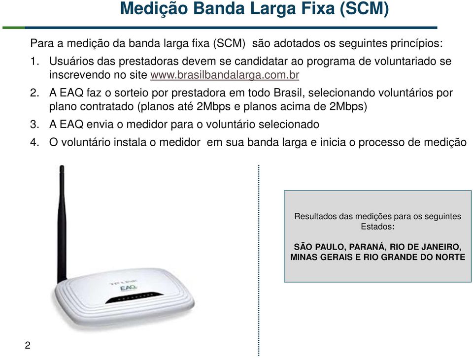 A EAQ faz o sorteio por prestadora em todo Brasil, selecionando voluntários por plano contratado (planos até 2Mbps e planos acima de 2Mbps) 3.
