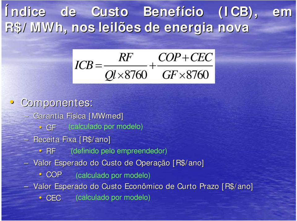 Fixa [R$/ano] RF (definido pelo empreendedor) Valor Esperado do Custo de Operação [R$/ano] COP