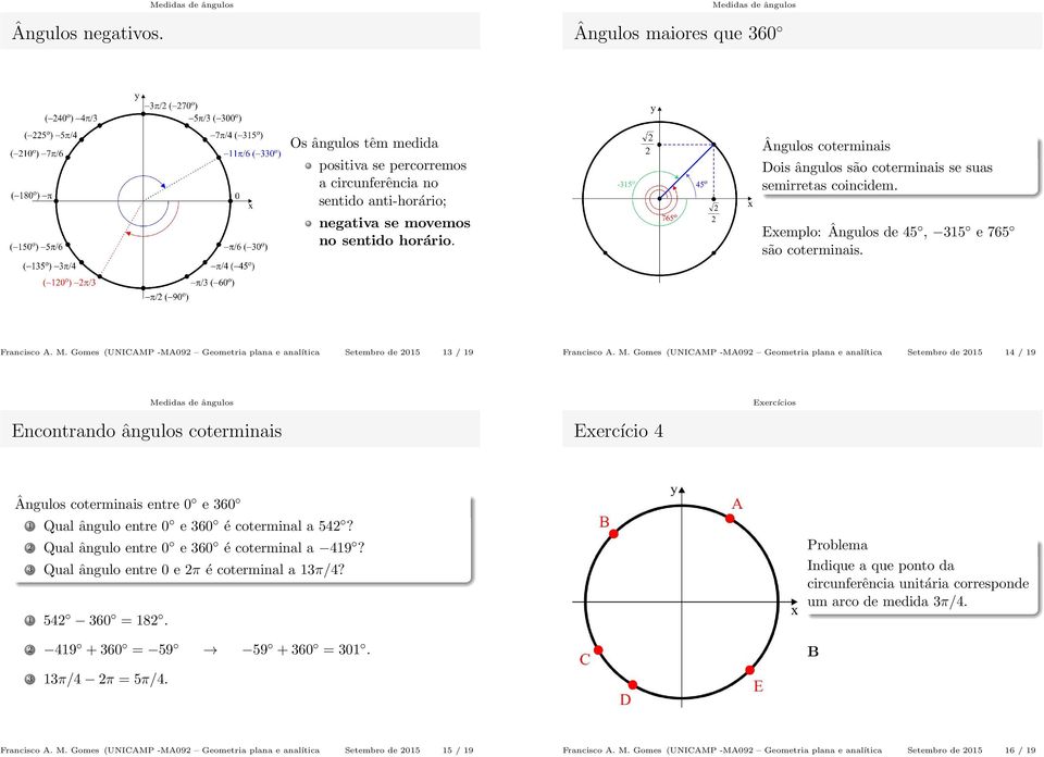 Gomes (UNICAMP -MA092 IMECC) Geometria plana e analítica Setembro de 2015 13 / 19 Francisco A. M.