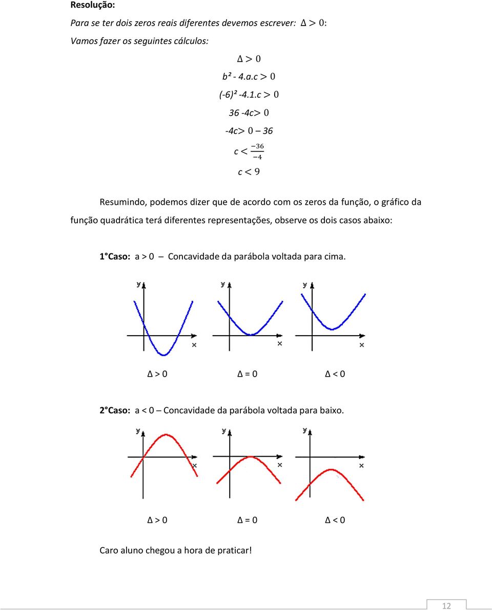 diferentes representações, observe os dois casos abaixo: 1 Caso: a > 0 Concavidade da parábola voltada para cima.