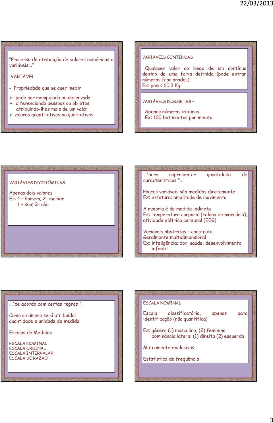 CONTÍNUAS Qualquer valor ao longo de um contínuo dentro de uma faixa definida (pode entrar números fracionados) Ex: peso: 60,3 Kg VARIÁVEIS DISCRETAS Apenas números inteiros Ex: 100 batimentos por