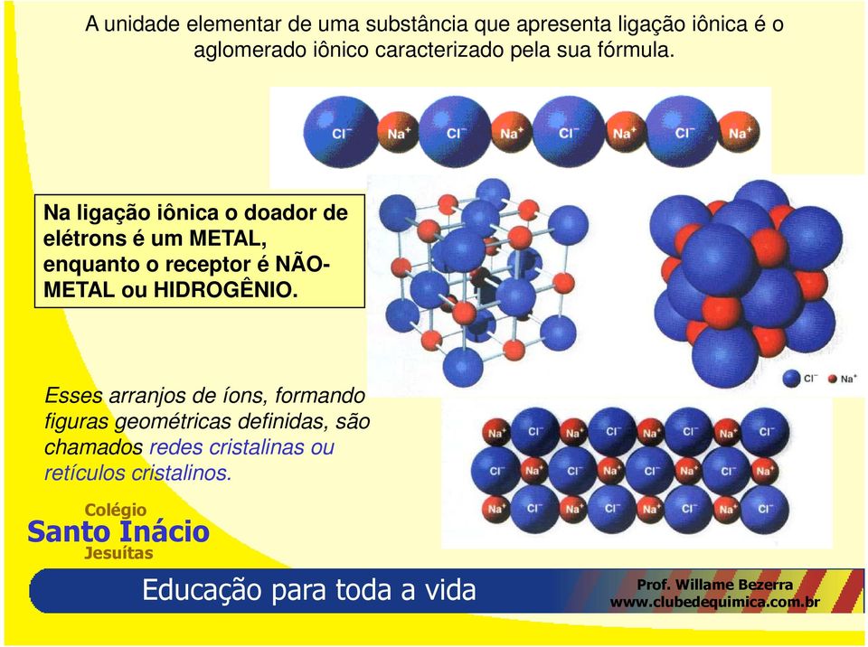 Na ligação iônica o doador de elétrons é um METAL, enquanto o receptor é NÃO- METAL