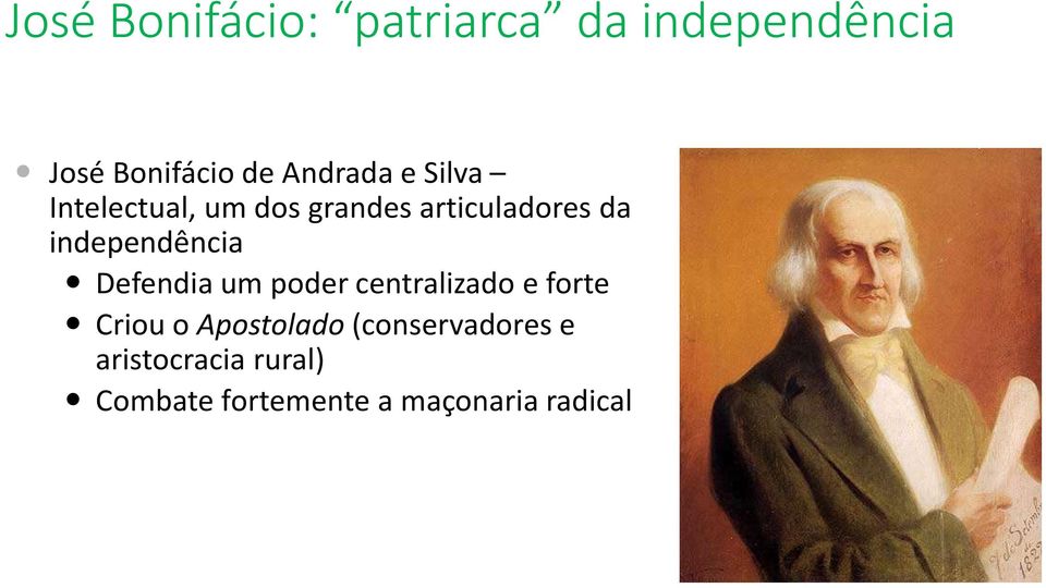 independência Defendia um poder centralizado e forte Criou o