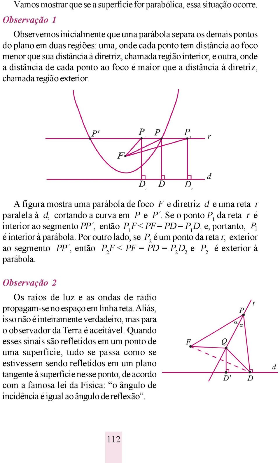 interior, e outra, onde a distância de cada ponto ao foco é maior que a distância à diretriz, chamada região exterior.