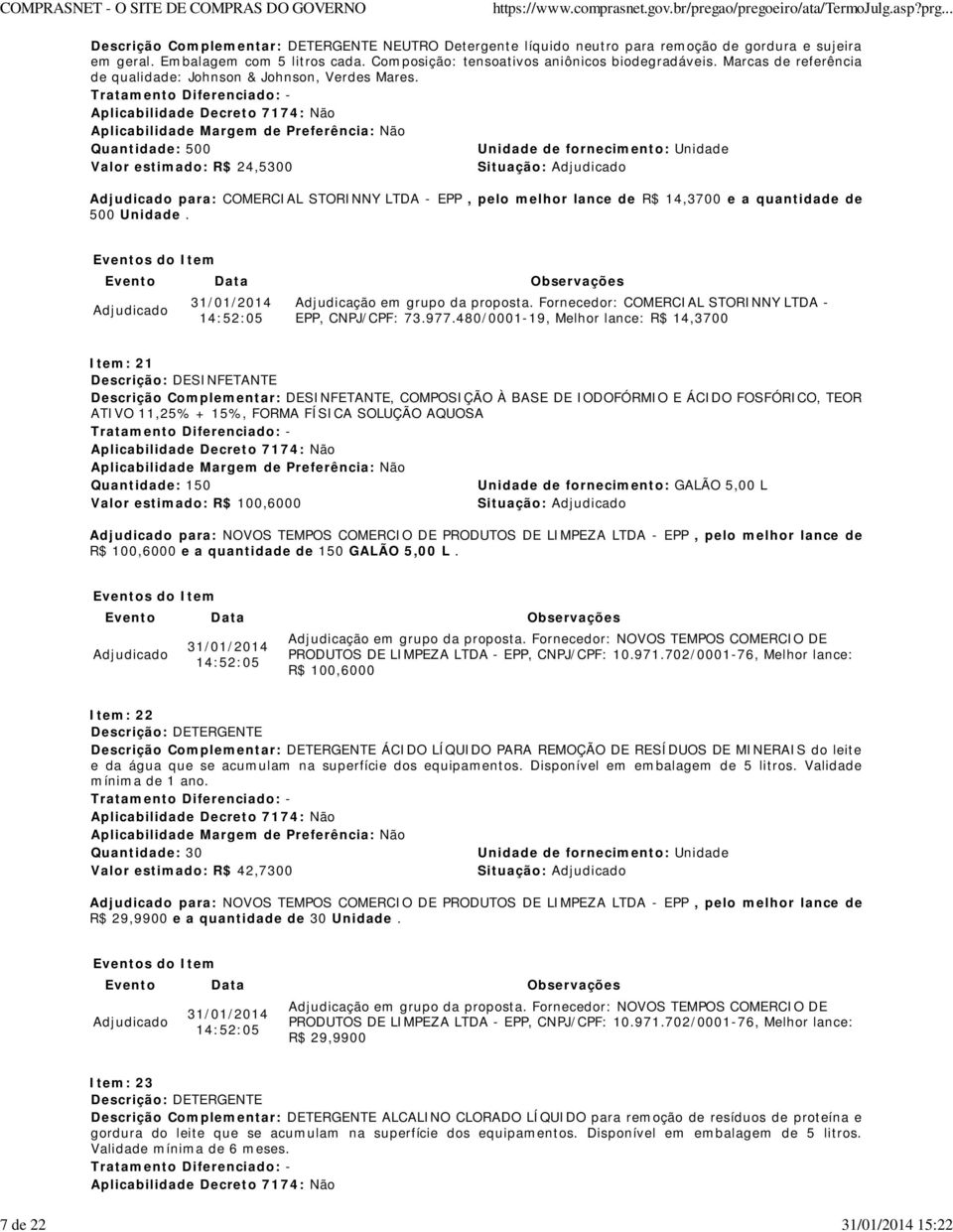 Quantidade: 500 Valor estimado: R$ 24,5300 Situação: para: COMERCIAL STORINNY LTDA - EPP, pelo melhor lance de R$ 14,3700 e a quantidade de 500 Unidade. EPP, CNPJ/CPF: 73.977.