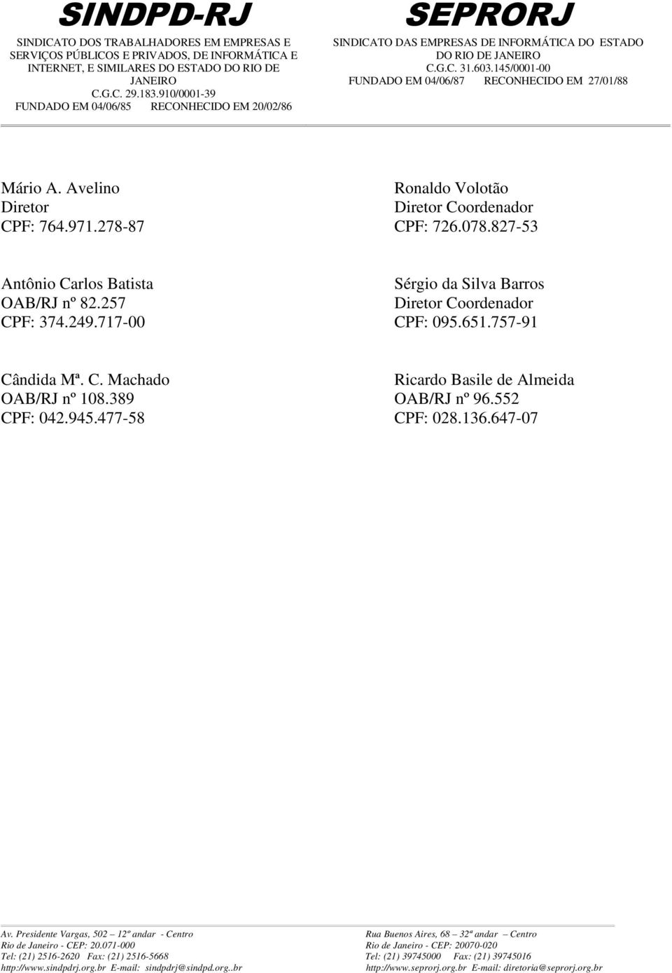 257 Diretor Coordenador CPF: 374.249.717-00 CPF: 095.651.757-91 Cândida Mª. C. Machado Ricardo Basile de Almeida OAB/RJ nº 108.