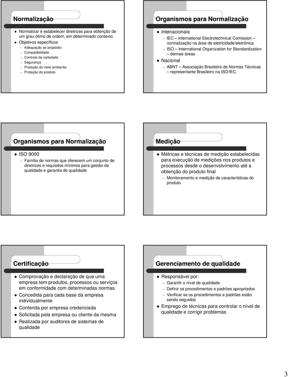 eletricidade/eletrônica ISO International Organization for Standardization demais áreas z Nacional ABNT Associação Brasileira de Normas Técnicas representante Brasileiro na ISO/IEC Organismos para