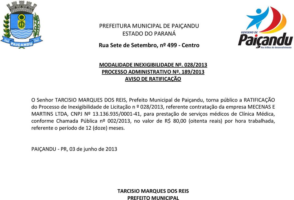 Licitação n º 028/2013, referente contratação da empresa MECENAS E MARTINS LTDA, CNPJ Nº 13.136.
