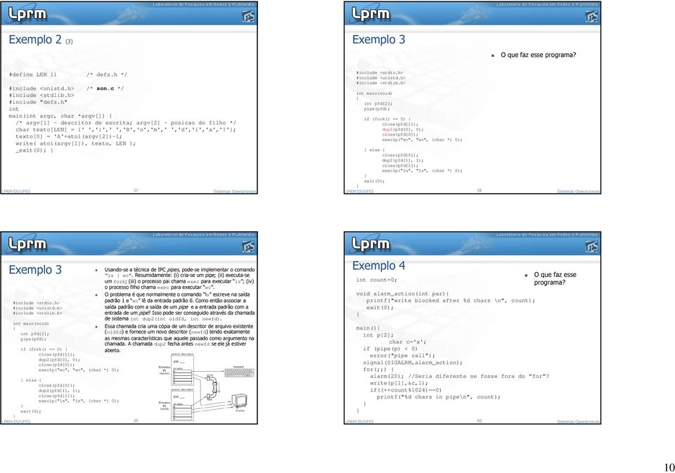 '; texto[0] = 'A'+atoi(argv[2])-1; write( atoi(argv[1]), texto, LEN ); _exit(0); 37 Sistemas Operacionais #include <stdio.h> #include <unistd.h> #include <stdlib.