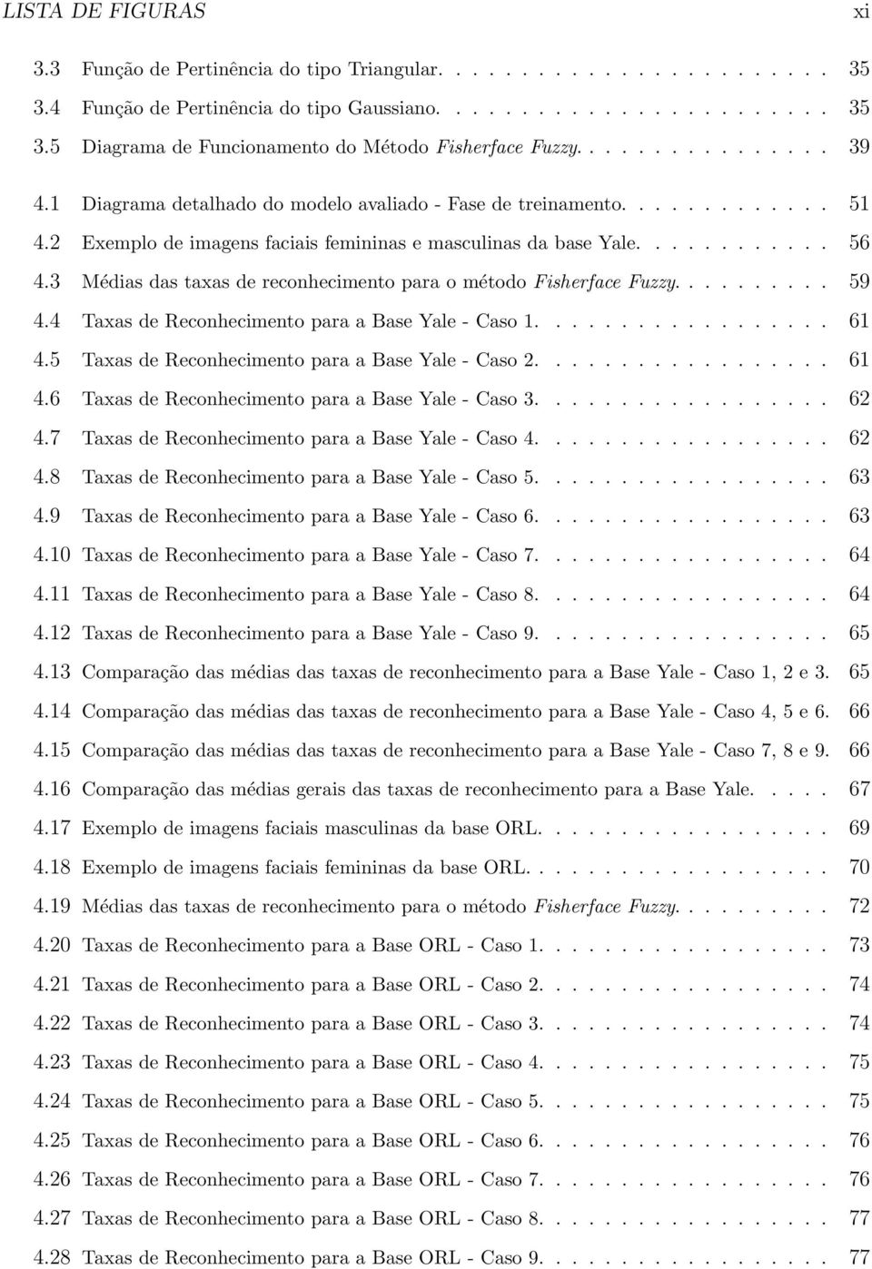 3 Médias das taxas de reconhecimento para o método Fisherface Fuzzy.......... 59 4.4 Taxas de Reconhecimento para a Base Yale - Caso 1.................. 61 4.