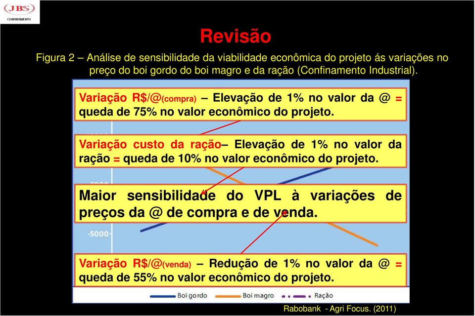 Variação custo da ração Elevação de 1% no valor da ração = queda de 10% no valor econômico do projeto.