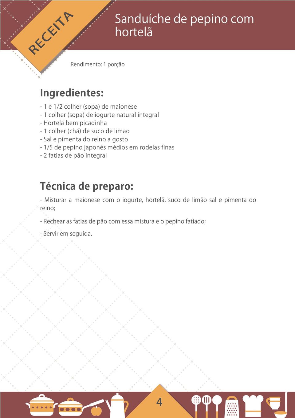 pepino japonês médios em rodelas finas - 2 fatias de pão integral - Misturar a maionese com o iogurte, hortelã, suco