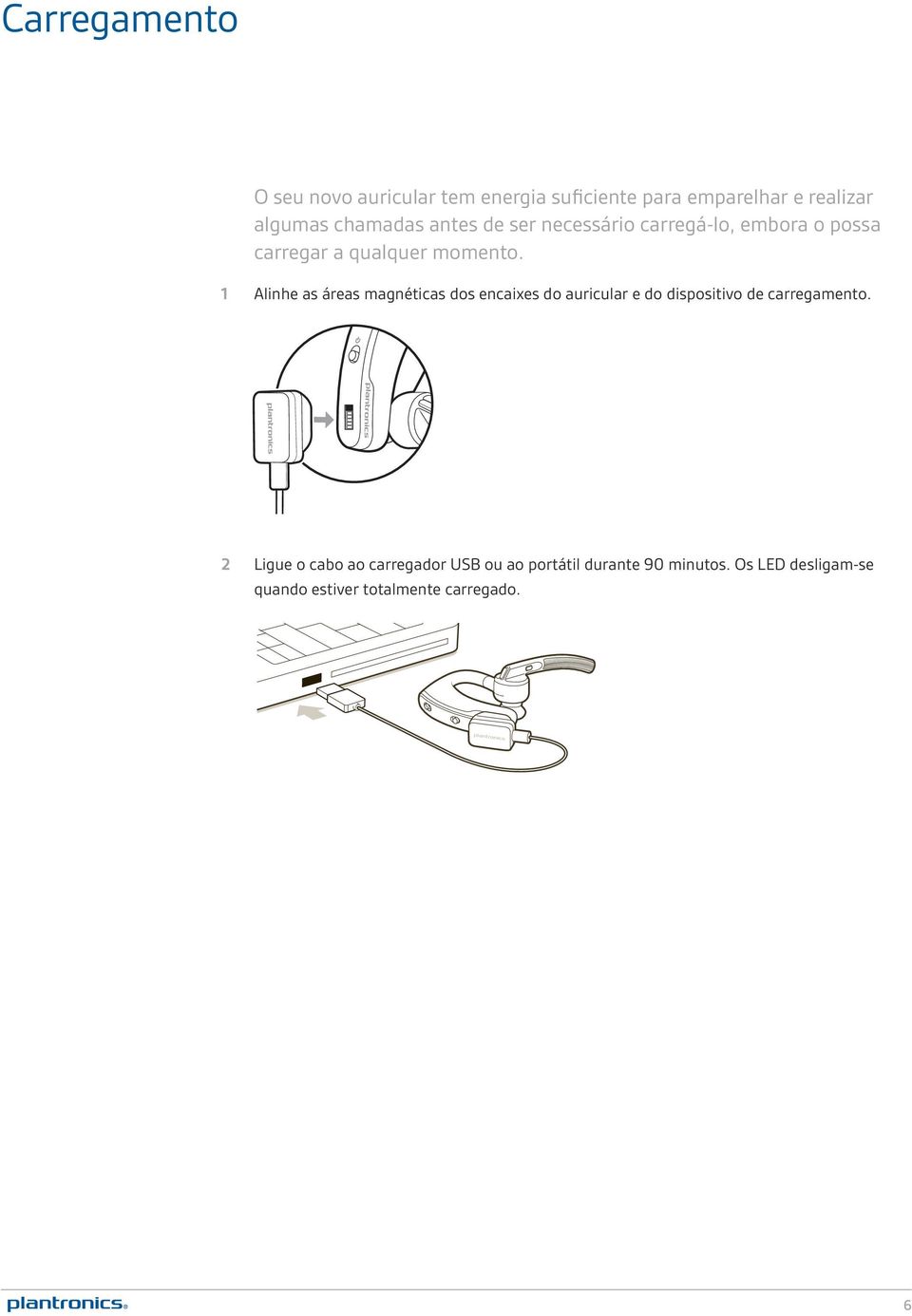 1 Alinhe as áreas magnéticas dos encaixes do auricular e do dispositivo de carregamento.