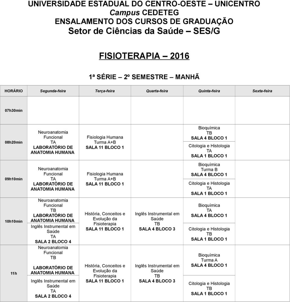 BLOCO 4 Fisiologia Humana Turma A+B História, Conceitos e Evolução da História, Conceitos e Evolução da Inglês Instrumental em Saúde SALA 4 BLOCO 3 Inglês Instrumental em Saúde