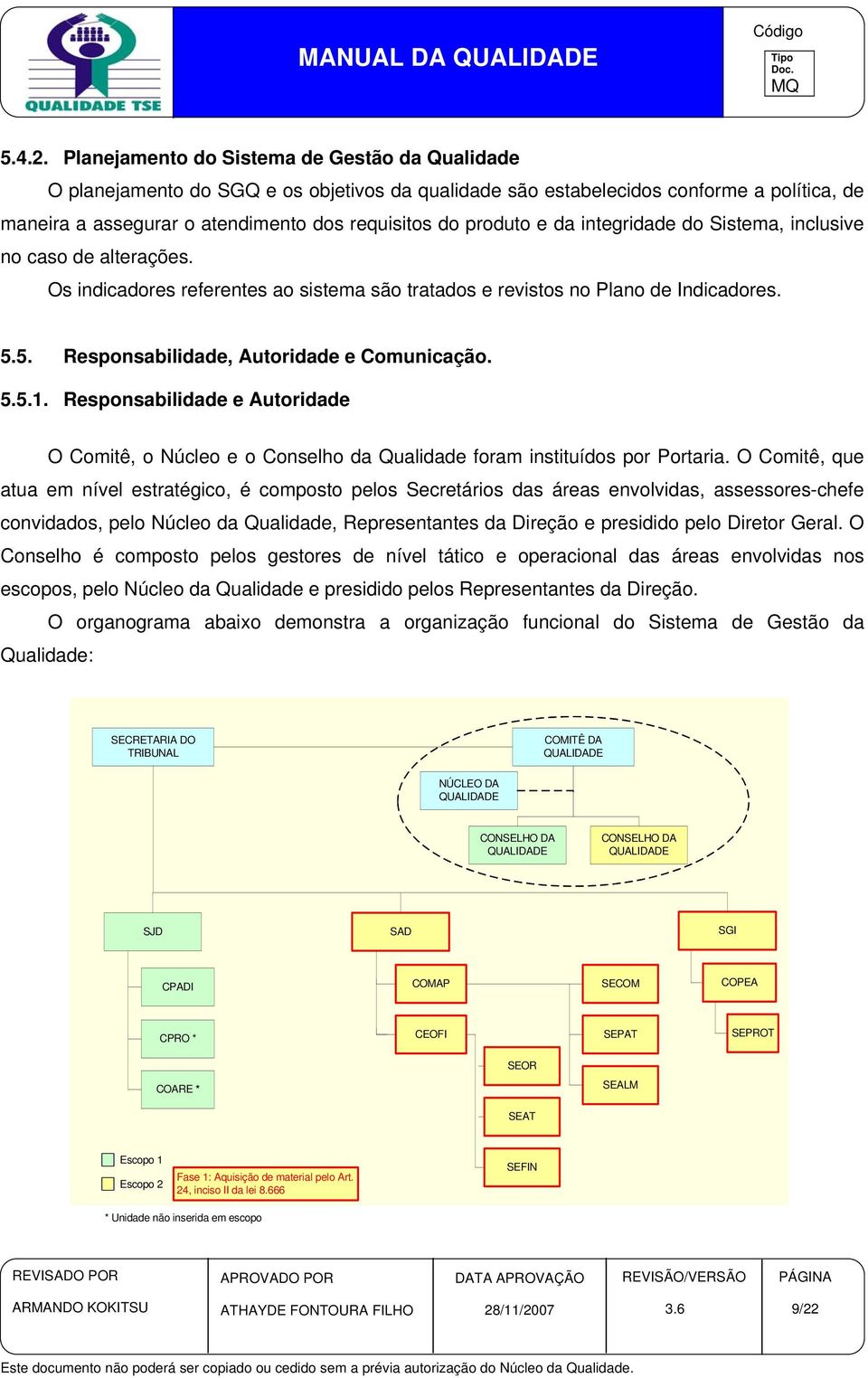 e da integridade do Sistema, inclusive no caso de alterações. Os indicadores referentes ao sistema são tratados e revistos no Plano de Indicadores. 5.5. Responsabilidade, Autoridade e Comunicação. 5.5.1.