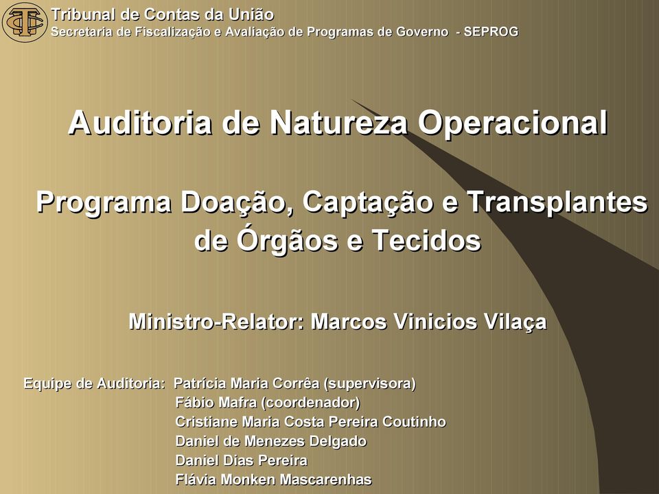 Ministro-Relator: Marcos Vinicios Vilaça Equipe de Auditoria: Patrícia Maria Corrêa (supervisora) Fábio