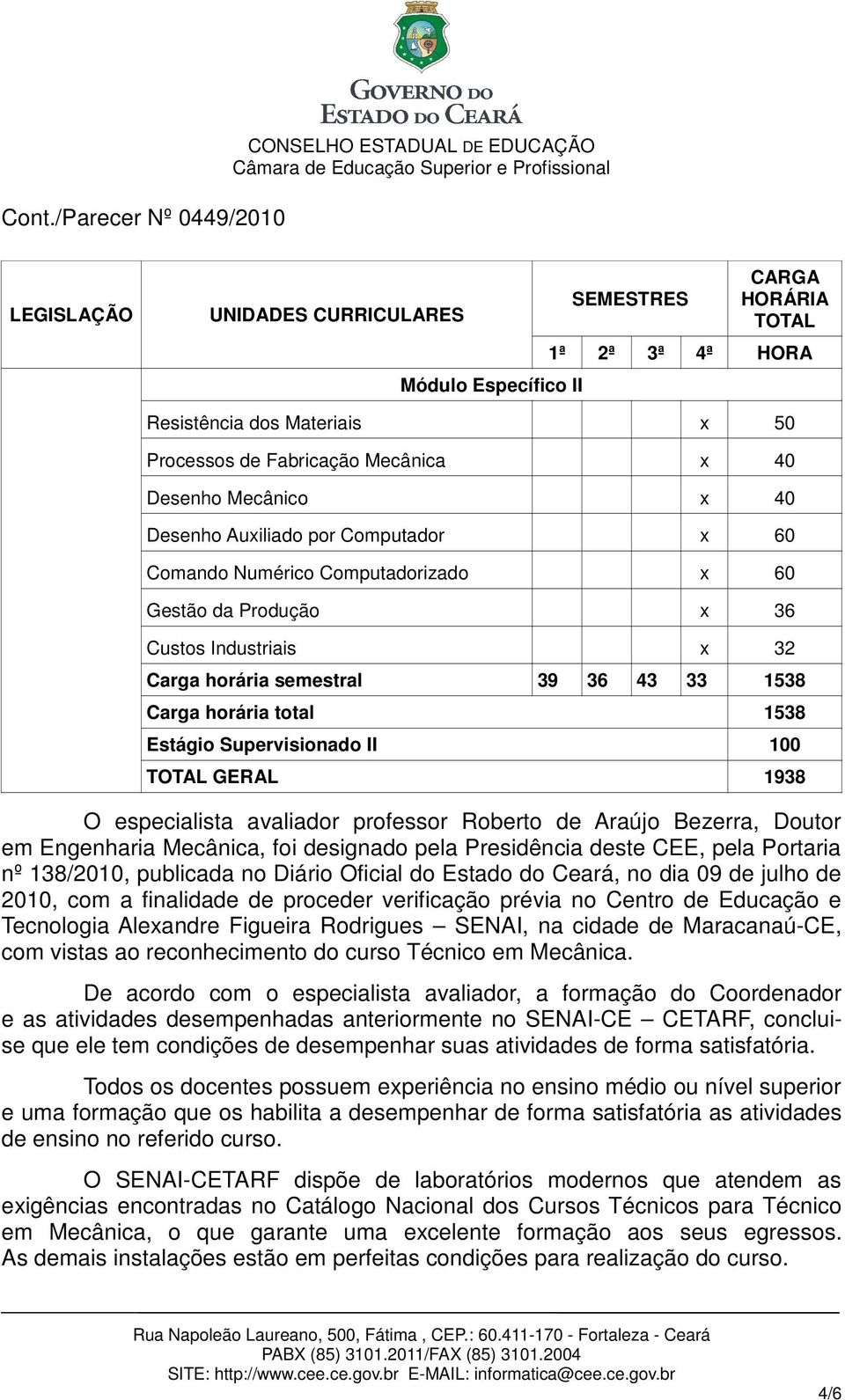 Supervisionado II 100 TOTAL GERAL 1938 O especialista avaliador professor Roberto de Araújo Bezerra, Doutor em Engenharia Mecânica, foi designado pela Presidência deste CEE, pela Portaria nº