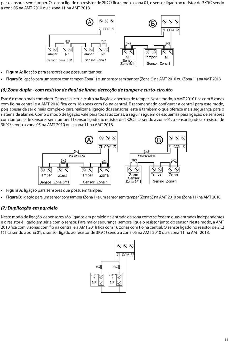 (6) Zona dupla - com resistor de final de linha, detecção de tamper e curto-circuito Este é o modo mais completo. Detecta curto-circuito na fiação e abertura de tamper.