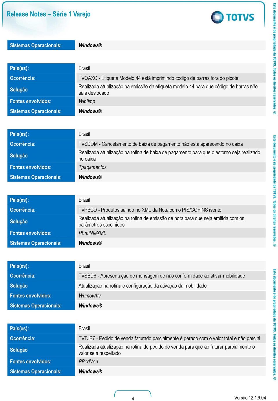 Produtos saindo no XML da Nota como PIS/COFINS isento Realizada atualização na rotina de emissão de nota para que seja emitida com os parâmetros escolhidos PEmiNfeXML TVSBD6 - Apresentação de