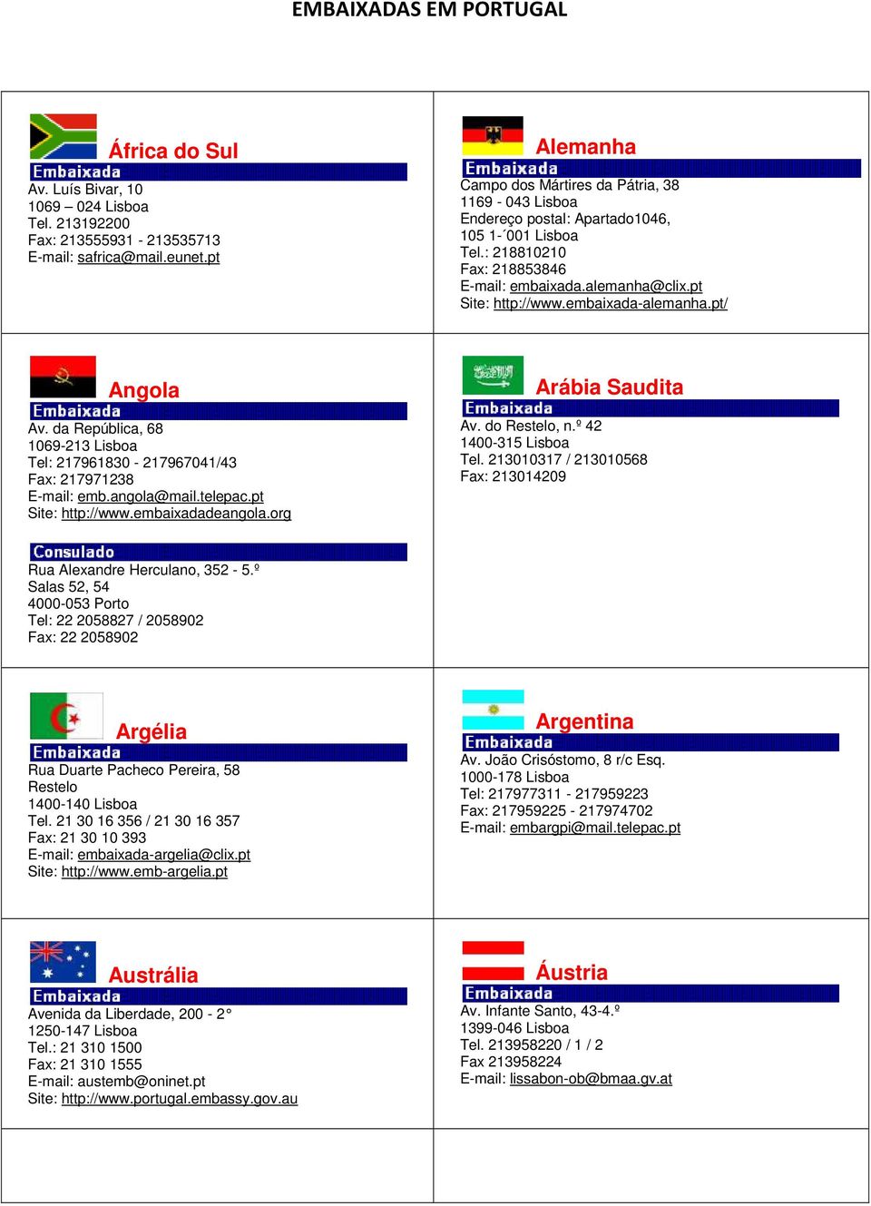 embaixada-alemanha.pt/ Angola Av. da República, 68 1069-213 Lisboa Tel: 217961830-217967041/43 Fax: 217971238 E-mail: emb.angola@mail.telepac.pt Site: http://www.embaixadadeangola.