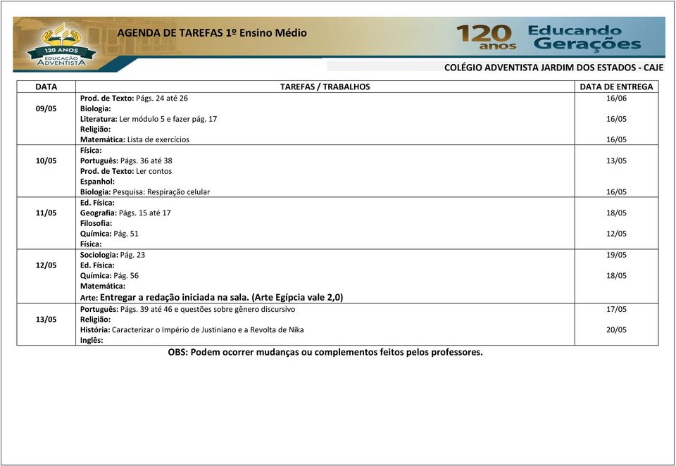 15 até 17 Filosofia: Química: Pág. 51 Sociologia: Pág. 23 Química: Pág. 56 Arte: Entregar a redação iniciada na sala.